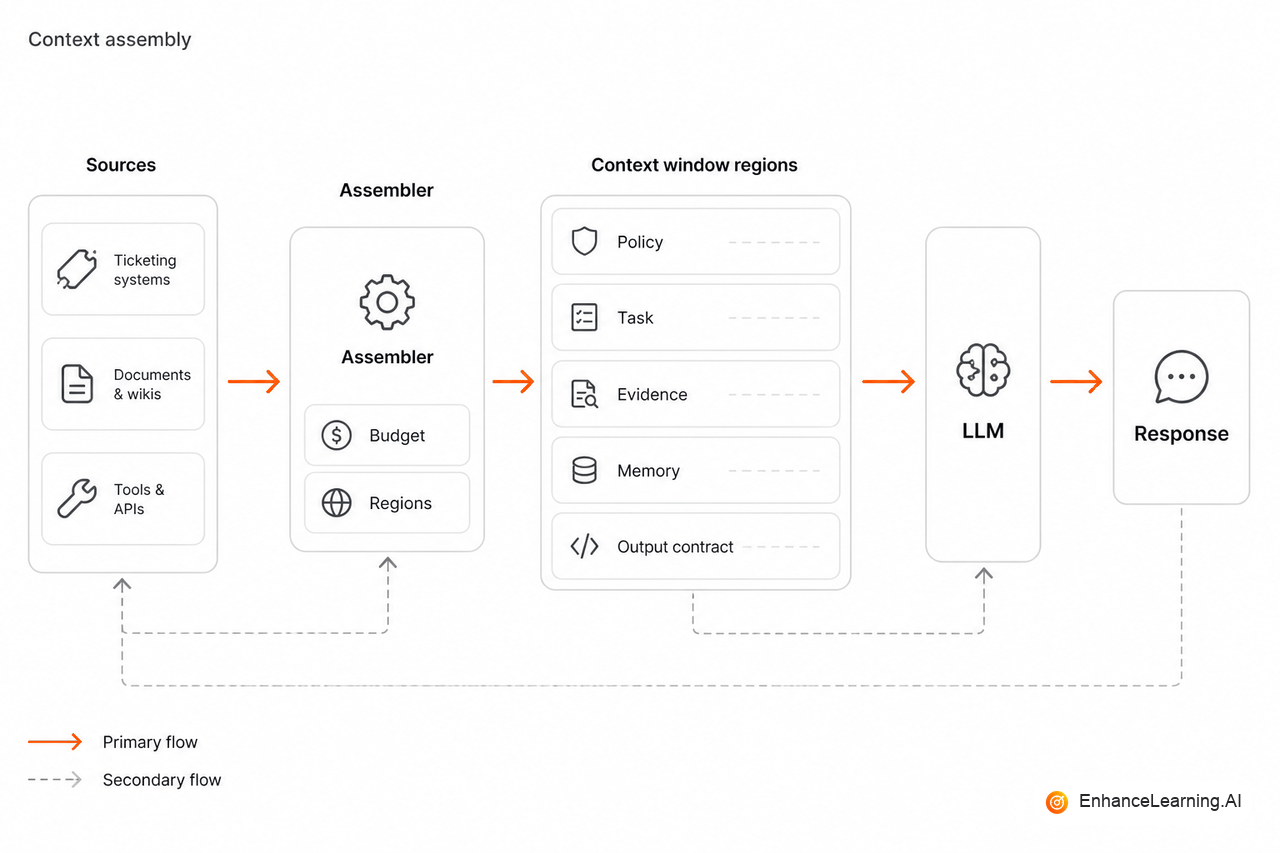 Context assembly pipeline with token budget across policy, task, evidence, and output contract | EnhanceLearning.AI Context assembly pipeline with token budget across policy, task, evidence, and output contract | EnhanceLearning.AI